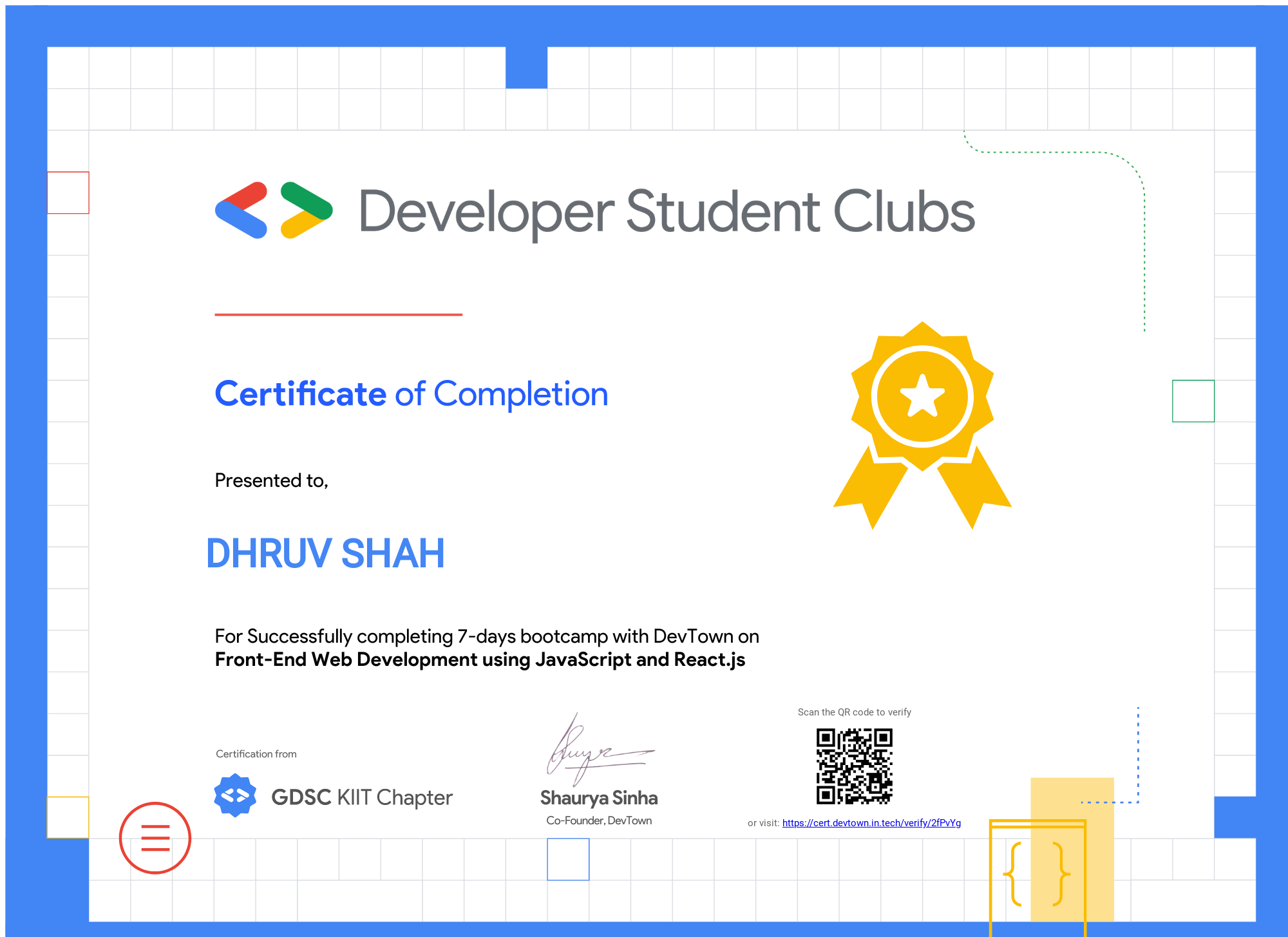 Dhruv Shah - front-end bootcamp Certificate